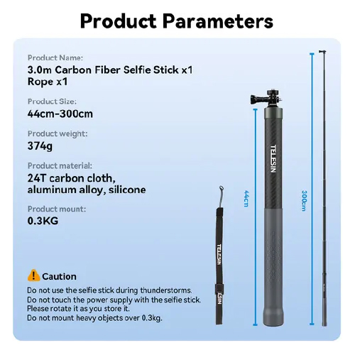 TELESIN 9.8′ Carbon Fiber Selfie Stick GP-MNP-300-3 - الصورة 4